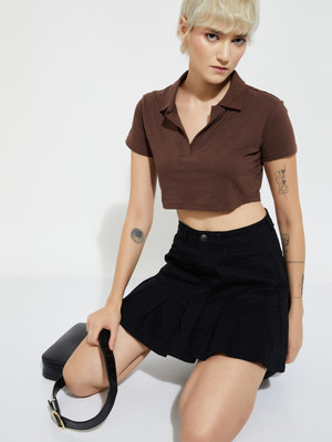 MAX Solid Women V Neck Brown T-Shirt