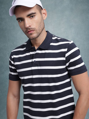 Roadster Striped Men Polo Neck Blue T-Shirt