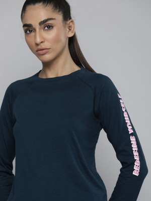 HRX by Hrithik Roshan Self Design Women Round Neck Blue T-Shirt