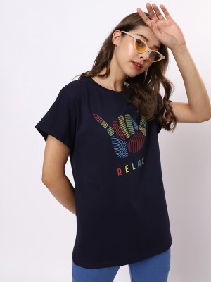 BEWAKOOF Graphic Print, Typography Women Round Neck Blue T-Shirt