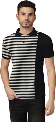 tfurnish Striped Men Polo Neck Black T-Shirt