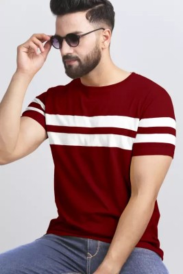 Kings London Striped Men Round Neck Maroon, White T-Shirt