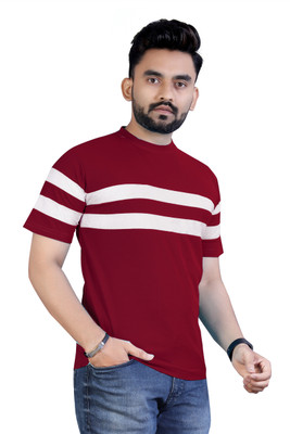 Shree Enterprise Striped Men Round Neck Maroon T-Shirt