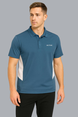 RF Raves Self Design Men Polo Neck Blue, Grey T-Shirt