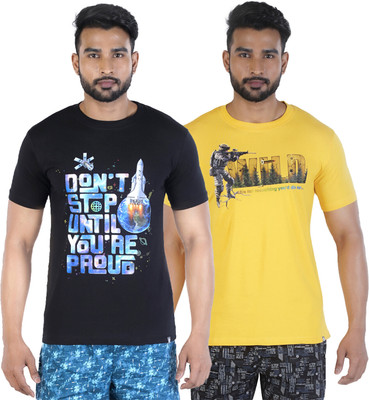 COLORS by Rupa Frontline Printed Men Round Neck Black, Yellow T-Shirt