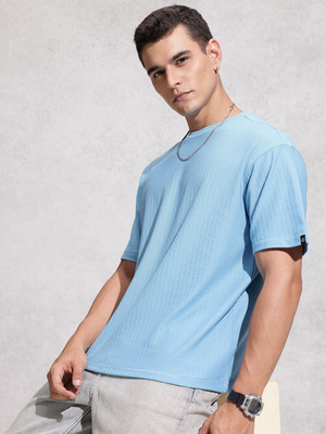 WROGN Self Design Men Round Neck Blue T-Shirt