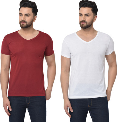 Adorbs Trend Solid Men V Neck White, Maroon T-Shirt