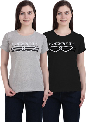 SD Printed Women Round Neck Grey, Black T-Shirt