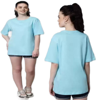 Wearit Solid Women Round Neck Light Blue T-Shirt
