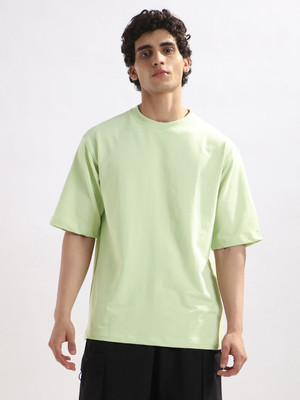 NOBERO Solid Men Round Neck Light Green T-Shirt
