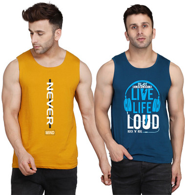 SLOWLORIS Printed, Colorblock Men Round Neck Dark Blue, Yellow, White T-Shirt