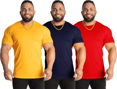 UDI n ADI Solid Men Round Neck Red, Yellow, Navy Blue T-Shirt