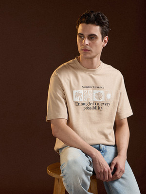 THE BEAR HOUSE Solid Men Round Neck Beige T-Shirt