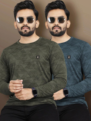 VeBNoR Abstract Men Round Neck Green, Grey T-Shirt