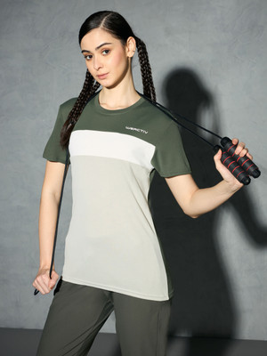 TECHNOSPORT Colorblock Women Crew Neck Green T-Shirt