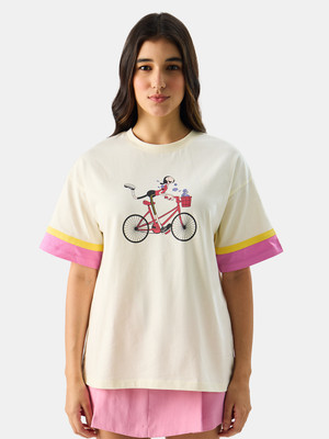 The Souled Store Graphic Print Women Round Neck White, Pink T-Shirt