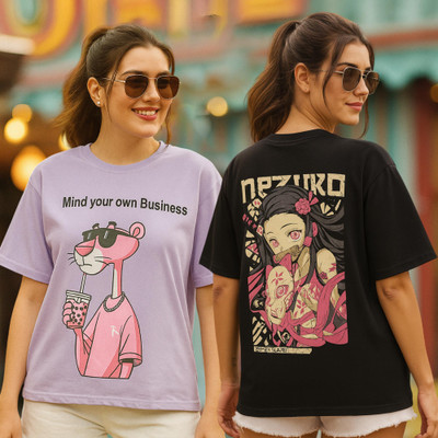 Fabflee Printed Women Round Neck Multicolor T-Shirt