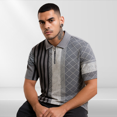 wearxture Printed Men Polo Neck Grey, Multicolor T-Shirt