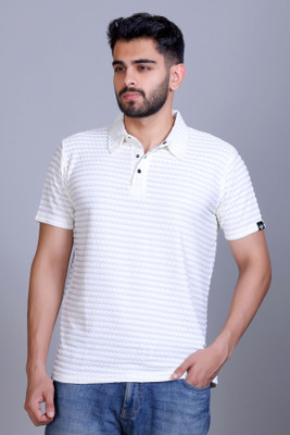 AMOLDO Self Design Men Polo Neck White T-Shirt