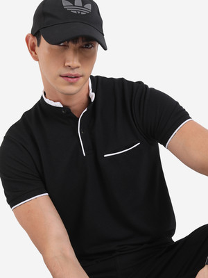 HIGHLANDER Solid Men Mandarin Collar Black T-Shirt