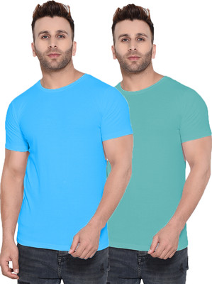 Kroptee Solid Men Round Neck Light Blue, Light Green T-Shirt