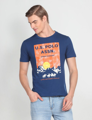 U.S. POLO ASSN. Printed Men Round Neck Blue T-Shirt