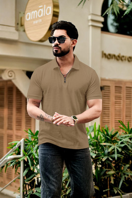 Rufica Self Design Men Zip Neck Brown T-Shirt