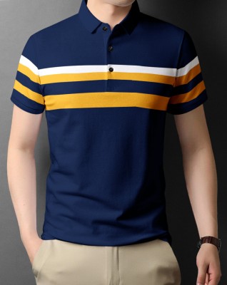 EyeBogler Colorblock Men Polo Neck Navy Blue T-Shirt