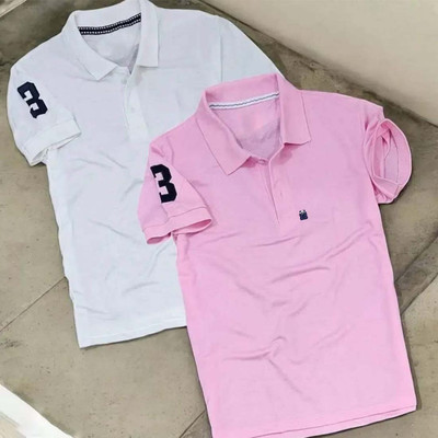 Bliss Bell Solid Men Polo Neck Pink, White T-Shirt