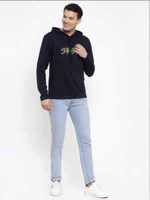 FRISKERS Typography Men Hooded Neck Dark Blue T-Shirt