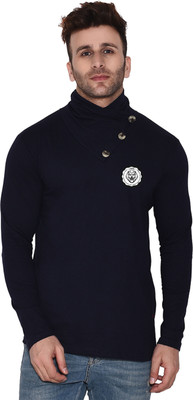 GEUM Printed Men High Neck Dark Blue T-Shirt
