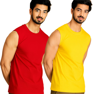 Adorbs Solid Men Round Neck Red, Yellow T-Shirt