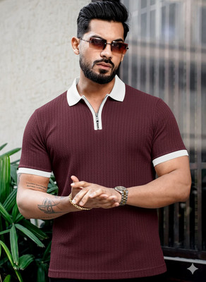 CrisPet Self Design Men Polo Neck Maroon T-Shirt