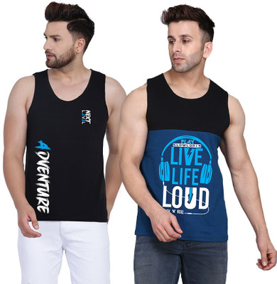 SLOWLORIS Printed, Colorblock Men Round Neck Black, Dark Blue T-Shirt