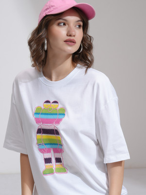 Tokyo Talkies Self Design Women Round Neck White T-Shirt