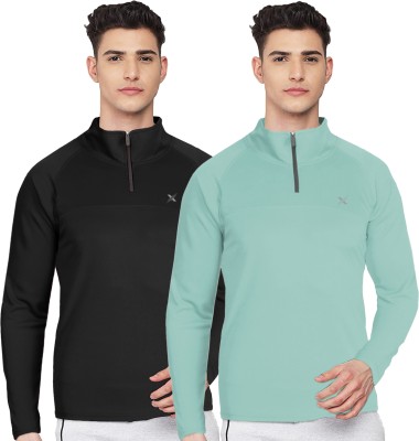 FTX Solid Men Zip Neck Black, Light Green T-Shirt