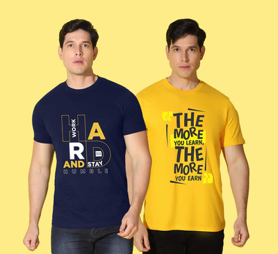 WOOSTRO Printed Men Round Neck Blue, Yellow T-Shirt
