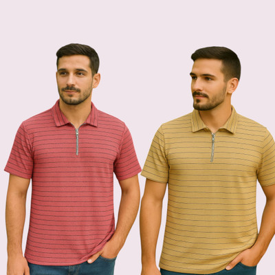 METRONAUT Striped Men Polo Neck Pink, Yellow T-Shirt
