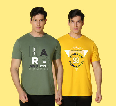 WOOSTRO Typography Men Round Neck Yellow, Green T-Shirt