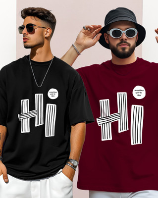 AOOSH Graphic Print Men Round Neck Black, Maroon T-Shirt
