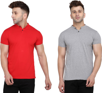 BEYOU FASHION Solid Men Mandarin Collar Silver, Red T-Shirt