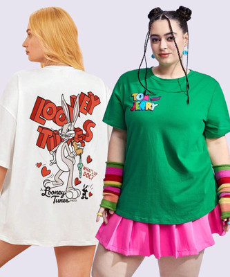 TOM AND JERRY by DreamBe Printed Women Round Neck White, Green T-Shirt