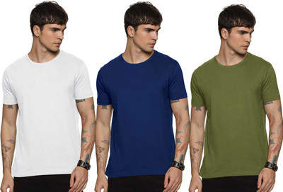 CLIFFHANGRRR Solid Men Round Neck White, Green, Dark Blue T-Shirt