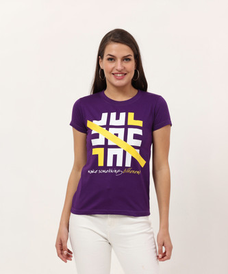 FEDAMSEL Printed, Typography Women Round Neck Purple T-Shirt