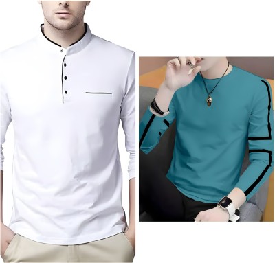 Oishee Printed Men Henley Neck White, Blue T-Shirt