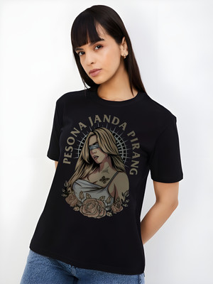 Kaido Graphic Print Women Round Neck Black T-Shirt