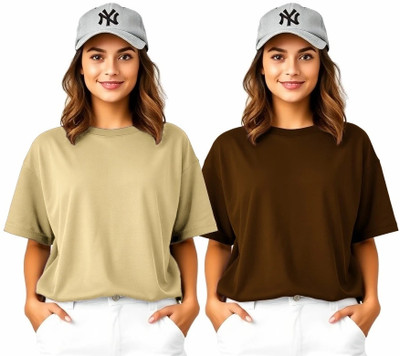 HouseOfCommon Solid Women Round Neck Beige, Brown T-Shirt