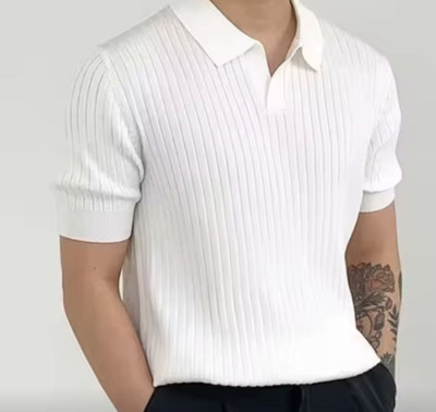 Krritra Self Design Men Polo Neck White T-Shirt
