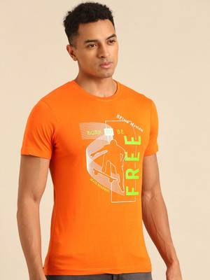 BEING HUMAN Printed Men Crew Neck Orange T-Shirt