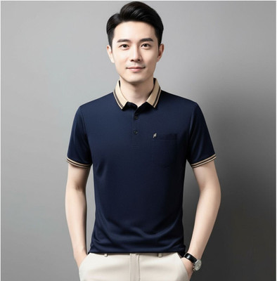 Wisetie Solid Men Polo Neck Navy Blue T-Shirt